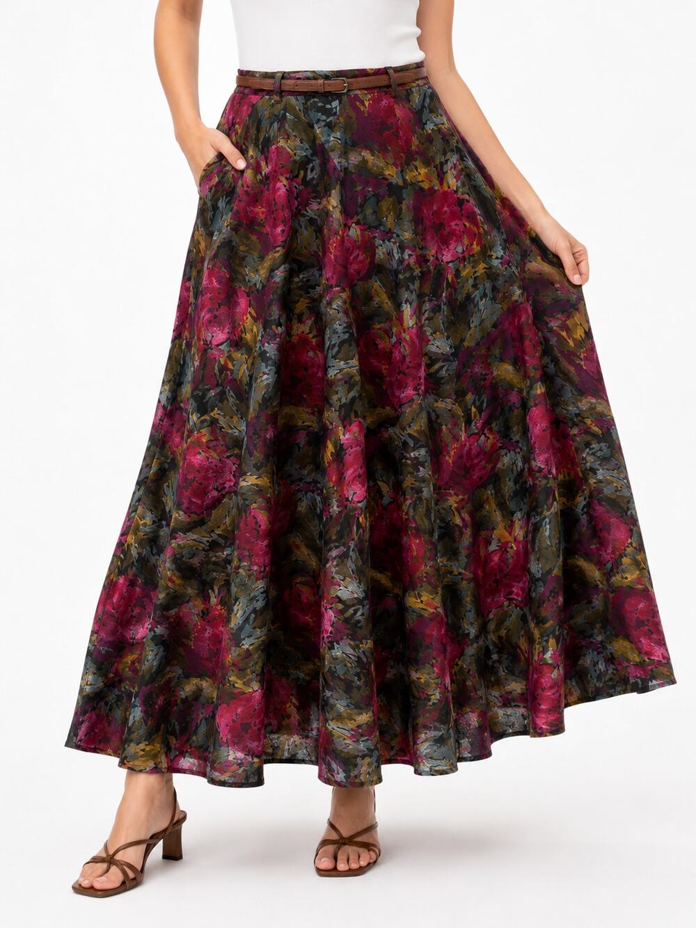 B202 Unbranded Womens Floral Full Circle Skirt 18 Burgundy Olive Midi 30 Waist